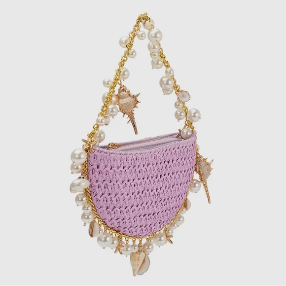 NWT Lavender Shell Straw Top Handle Bag | Pearl & Gold Vacation Must-have 🆕 - Picture 3 of 9